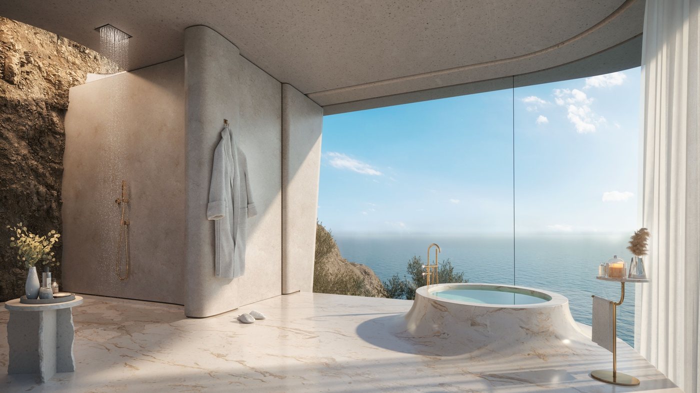 Bathroom with a tub and a view of the Gulf of Oman