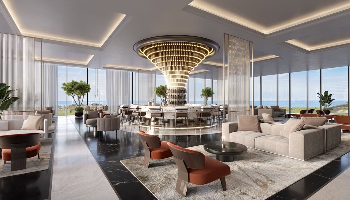 Hotel lounge with a chandelier and sea views