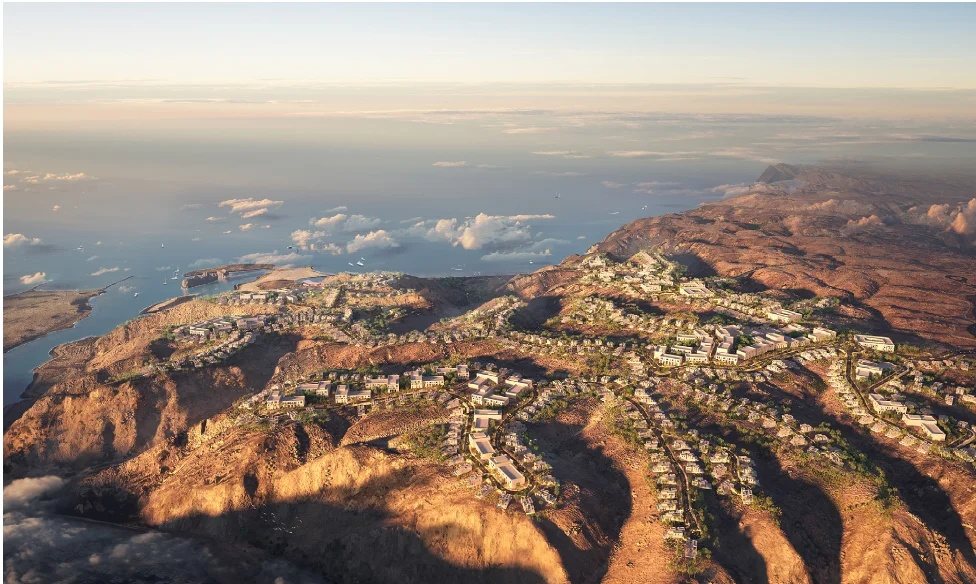 Aerial view of the AIDA plateau and the Yiti coast at sunset